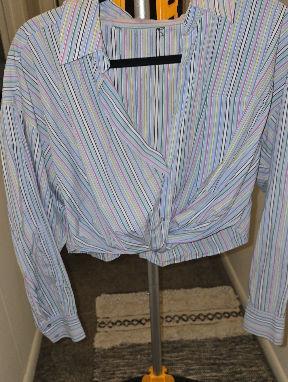 Cropped Button-Down Shirt with Multicolor Stripes - White/Multi